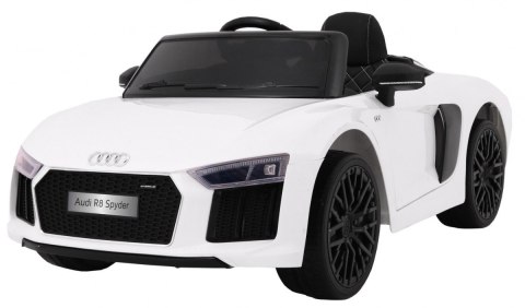 Audi R8 Spyder na akumulator Biały + Pilot + EVA + Wolny Start + Radio MP3 + LED Audi R8 Spyder na akumulator Biały + Pilot + EVA + Wolny Start + Radio MP3 + LED