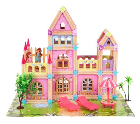 Drewniany Domek Księżniczek z Klocków 183 el. dla dzieci 3+ Elementy konstrukcyjne + 2 Figurki Księżniczek + Akcesoria Drewniany Domek Księżniczek z Klocków 183 el. dla dzieci 3+ Elementy konstrukcyjne + 2 Figurki Księżniczek + Akcesoria