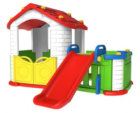 Duży Domek ogrodowy 5w1 dla dzieci + Zjeżdżalnia + Koszykówka + Ogródek + Stolik + 2 Krzesełka Czerwony Dach Duży Domek ogrodowy 5w1 dla dzieci + Zjeżdżalnia + Koszykówka + Ogródek + Stolik + 2 Krzesełka Czerwony Dach